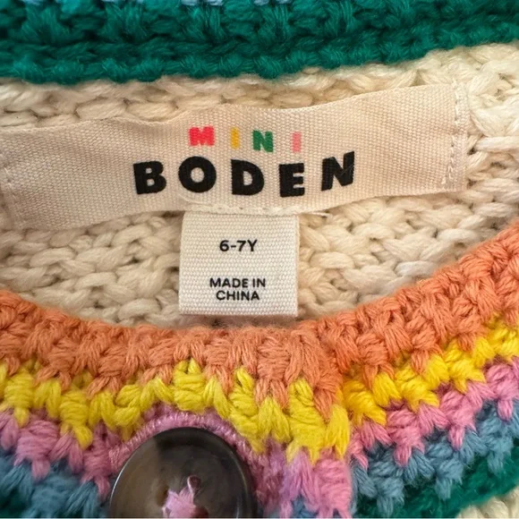 Boden Girls Knit Cardigan 6-7 | Cream w/ Rainbow Trim | NWOT - Picture 3 of 5